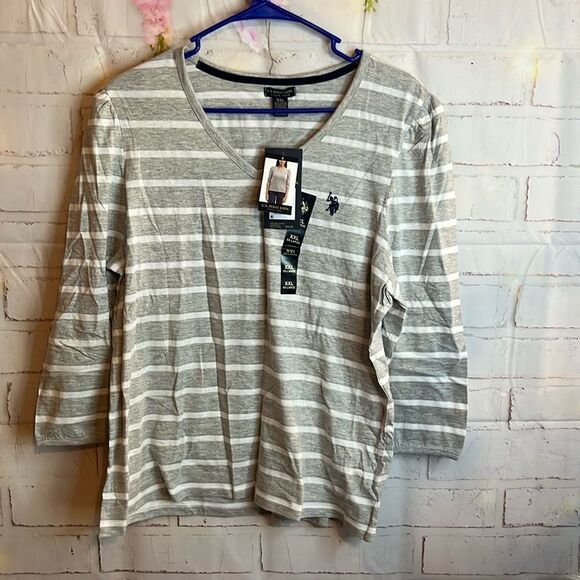 U.S. POLO ASSN LIGHT GREY WITH SILVER GLITTER STRIPES SHIRT SIZE XXL NWT - Picture 1 of 8